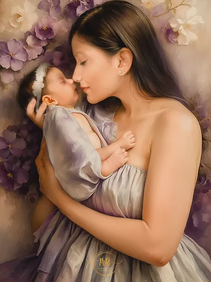 A fine-art "Mom and Me" portrait with a painterly feel. I use soft lighting and artistic editing to transform a photograph into a timeless piece of art, perfect for displaying in your home.