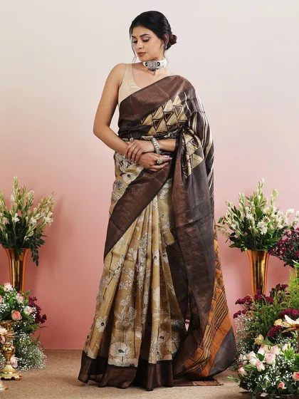 Another full view of the brown and beige printed saree, perfect for a woman with a modern aesthetic.