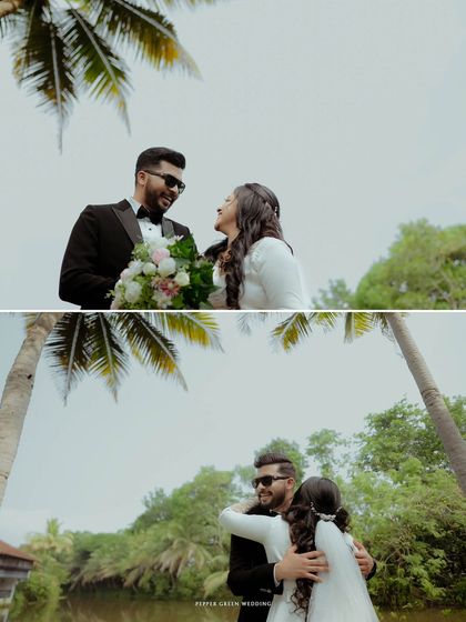 A sweet embrace under the palm trees, this shot captures the tropical and romantic vibe of their wedding location.