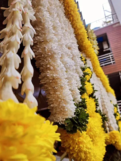 A close-up shot of yellow and white chrysanthemum garlands, showing the freshness and quality of the flowers I use.