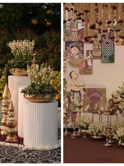 A diptych showcasing traditional decor elements, including brass temple-style pillars and a wall of Pichwai-inspired art, reflecting my commitment to cultural themes.