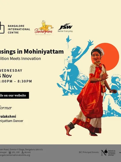 We believe in learning from the masters. This poster announces our collaboration with the eminent dancer Vijayalakshmi for 'Musings in Mohiniyattam', an event where tradition meets innovation, reflecting our commitment to bringing world class artists to our community.