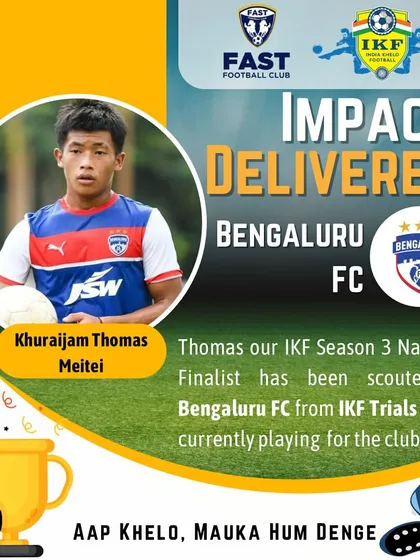 Another success story. Thomas, an IKF Season 3 National Finalist trained at Fast FC, was scouted by Bengaluru FC through trials and is now playing for their club.