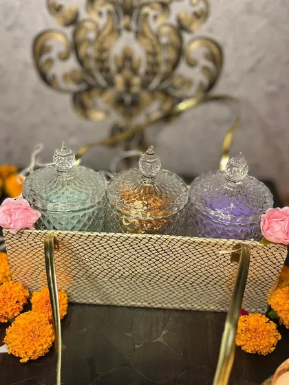 Another look at the 'Goldy' hamper, showing the elegant crystal jars with lids. This is a luxurious and versatile gifting option for the festive season.