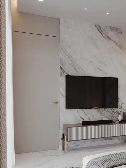 A minimalist view of the TV wall, where a large slab of marble creates a powerful statement. The render emphasizes the clean lines and the contrast of natural stone against a plain surface.