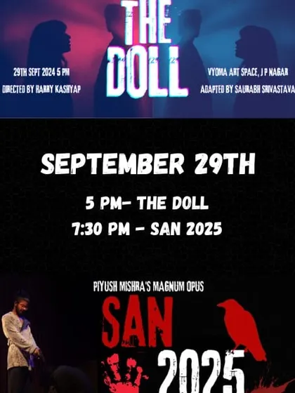 A double bill poster for "THE DOLL," a play about a man living with an android, and "SAN 2025," a thrilling crime drama.
