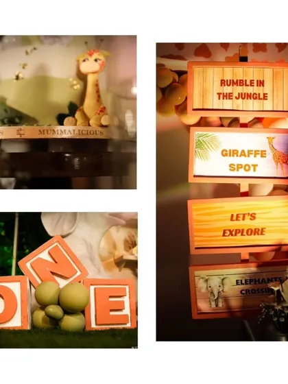 A collage of details from the "Wild One" jungle party, including a cake topper, "ONE" blocks for photos, and themed signage like "Giraffe Spot" and "Elephant Crossing".