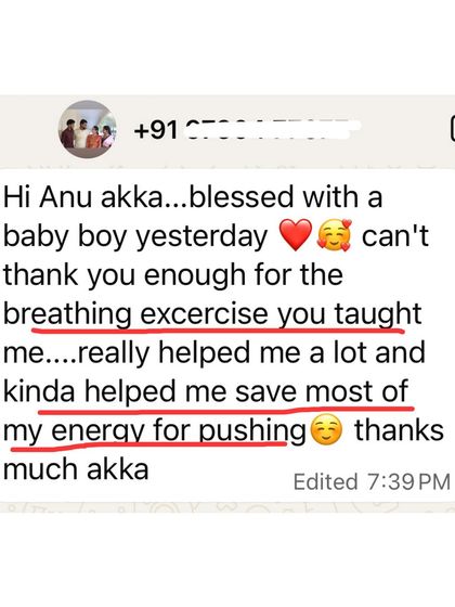 A simple, powerful message from a new mother. The breathing exercises I taught helped her save her energy for the most important part: pushing her baby out.