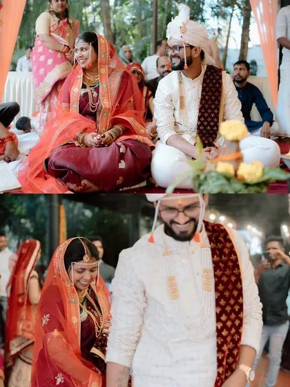 A collage showing the couple during their wedding ceremony, capturing both a seated ritual and a candid moment of them walking together.