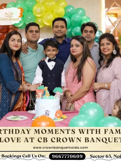 Birthday moments are best shared with family. This group photo around the cake shows a happy family celebrating a child's birthday, with our jungle-themed balloon decor adding a playful touch.