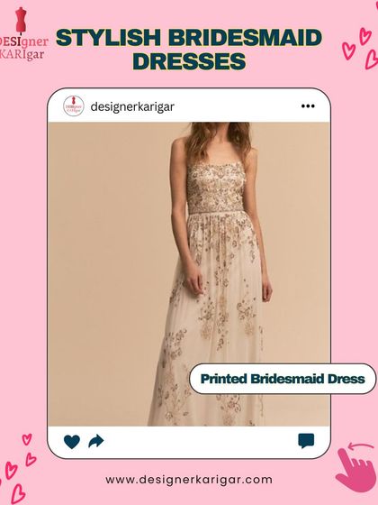 For a touch of romance, this printed strapless bridesmaid dress features delicate floral embroidery over a light, flowing fabric, perfect for a garden or daytime wedding.