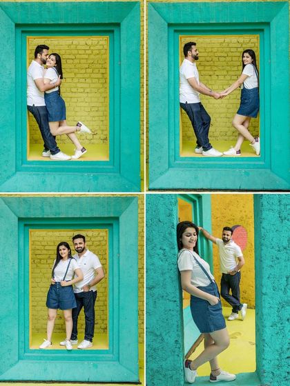 A creative and colorful collage using a large frame as a prop. The couple plays within the frame, creating a series of fun, quirky, and memorable pre-wedding photos.