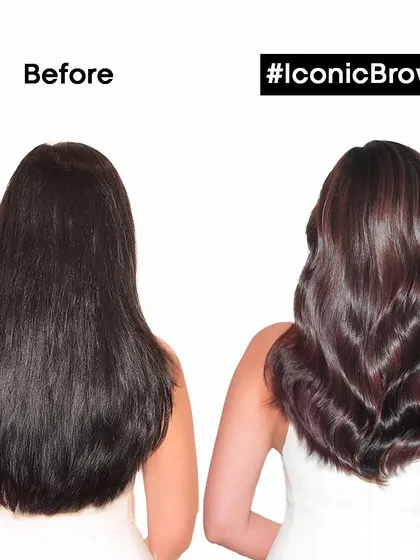 A before-and-after graphic showcasing a transformation to an "Iconic Brown" shade with reddish undertones. The after shot shows incredible shine and healthy-looking waves.