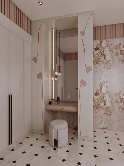A full vanity and wardrobe area is seamlessly built into the bathroom design. Delicate floral motifs are painted on the wall, echoing the room's artistic feel, while pendant lights add a touch of modern elegance.