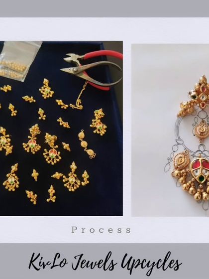 The process of creation. This image shows the disassembled pieces of an old necklace, ready to be sorted and rearranged into a new design, alongside the initial framework of the new earring.