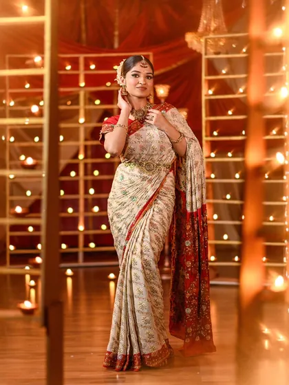 A full-length view of the elegant saree and the complete look for our festive Diwali shoot.