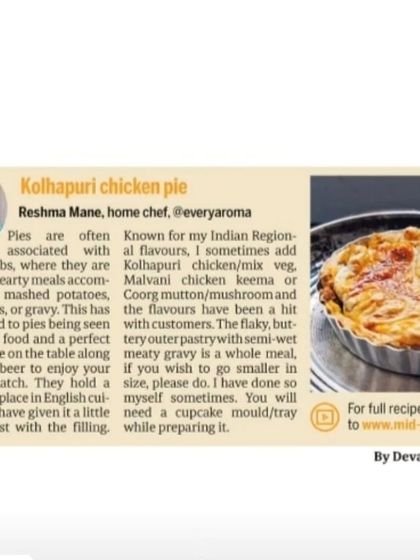 My Kolhapuri Chicken Pie recipe was featured in Midday! I love giving English pub food an Indian twist. The flaky, buttery pastry with a meaty, spicy gravy inside is a perfect comfort dish.