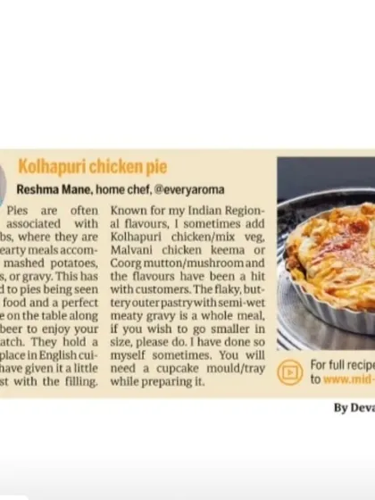 My Kolhapuri Chicken Pie was featured in Mid-Day India! I love giving an Indian twist to classic dishes, and this pie is a perfect example of that fusion.
