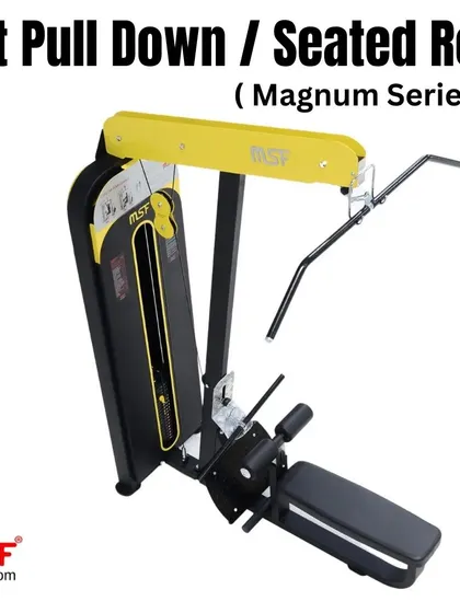Our Lat Pulldown and Seated Row combination machine from the premium Magnum Series. It features a heavy weight stack and smooth pulley system for an exceptional back workout experience.