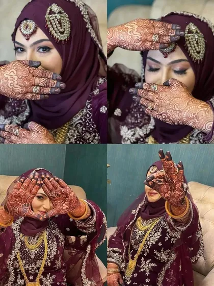 This lovely bride is showing off her stunning henna stain. The dark color on her hands beautifully frames her face and complements her makeup.