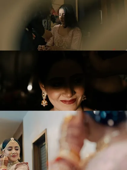 A collage of candid getting-ready moments, shot through doorways and reflections for an artistic, documentary feel.