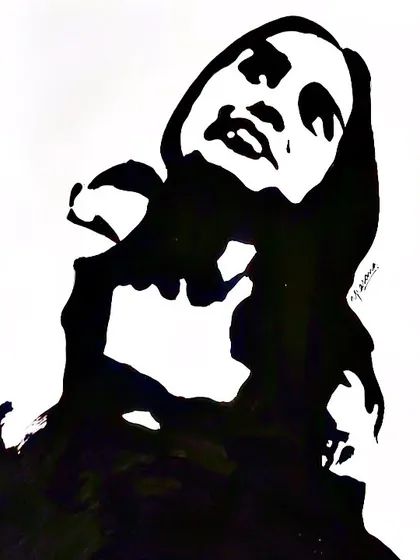 A finished portrait of a woman, created using my signature black and white shadow technique. This style uses stark contrast to create a bold and expressive piece of art from a client's photo.