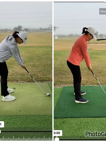 The setup transformation. We improved her posture and balance, creating a more athletic and ready position to start the swing.
