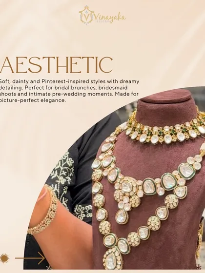 This aesthetic, Pinterest-inspired bridal set with large Kundan stones is perfect for pre-wedding shoots and intimate functions. It offers a soft, dreamy, and picture-perfect elegance.