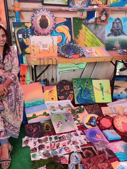 Here I am at my stall at the Chitrakala Parishat in Bengaluru. It brings me so much joy to share my handmade art with people and see them connect with the stories and traditions behind each piece.