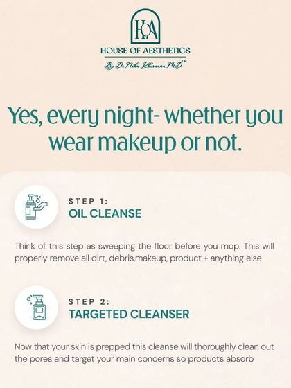 You should double cleanse every single night, whether you wear makeup or not. The first oil cleanse removes dirt, sunscreen, and debris. The second targeted cleanse then thoroughly cleans the pores and addresses your main concerns.