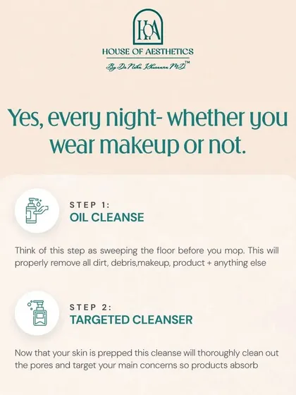 You should double cleanse every single night, whether you wear makeup or not. The first oil cleanse removes dirt, sunscreen, and debris. The second targeted cleanse then thoroughly cleans the pores and addresses your main concerns.