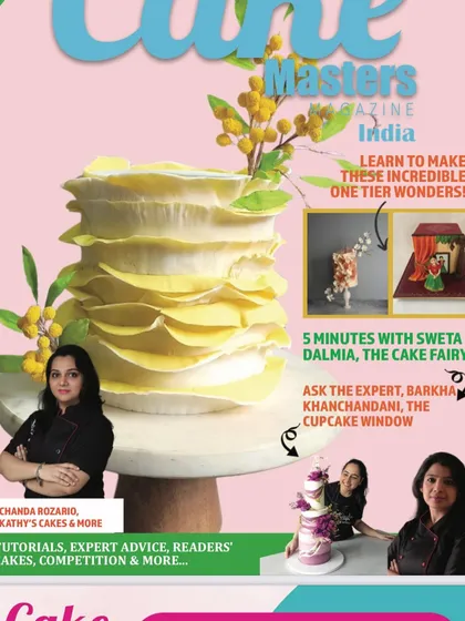The cover of the January issue of Cake Masters, with my one-tier wonder featured on the front page.