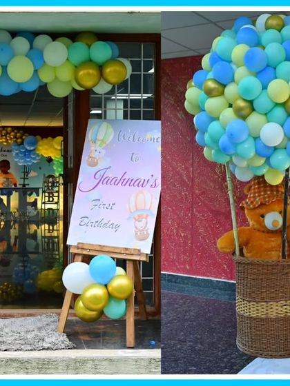 A collage showing the entrance and main hall decorated for a hot air balloon-themed party, featuring a blue and yellow balloon arch.