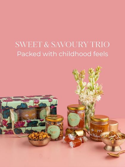 Sweet? Savoury? Why choose when you can have all three? My Sweet & Savoury Trio is a flavour-packed box with Boondi Bhakarwadi, Aam Papad, and Mohanthal.