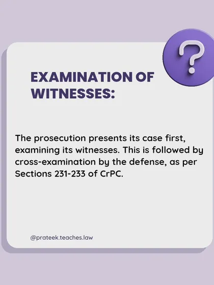 The prosecution presents its case first by examining its witnesses. The defense then has the right to cross-examine these witnesses under Sections 231-233 of the CrPC.
