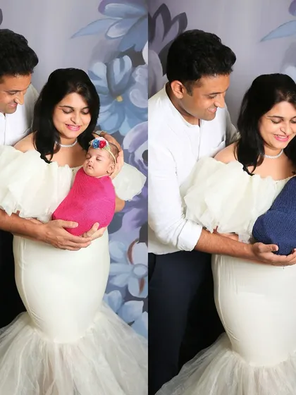 A composite image showcasing the parents' joy with their newborn twins, one swaddled in pink and the other in blue. This is a great way to celebrate the arrival of two little ones.