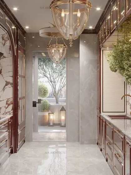 We transformed this culinary space into a masterpiece with a stunning maroon color palette. The classical design, featuring an arched cooking niche and book-matched marble, brings a timeless charm that is both functional and stylish.