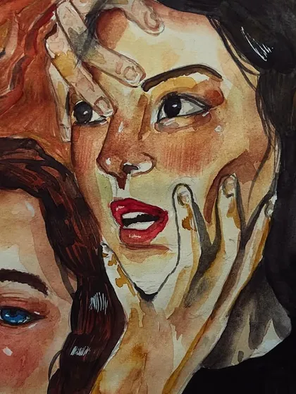 Another close-up of the 'trio' piece, focusing on the expressive hands and faces. I love experimenting with different compositions and emotions.
