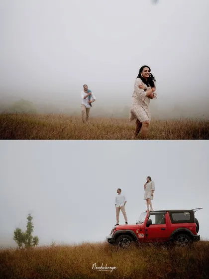 A collage showing different moments from an adventure shoot, including running through fog and standing on a jeep.