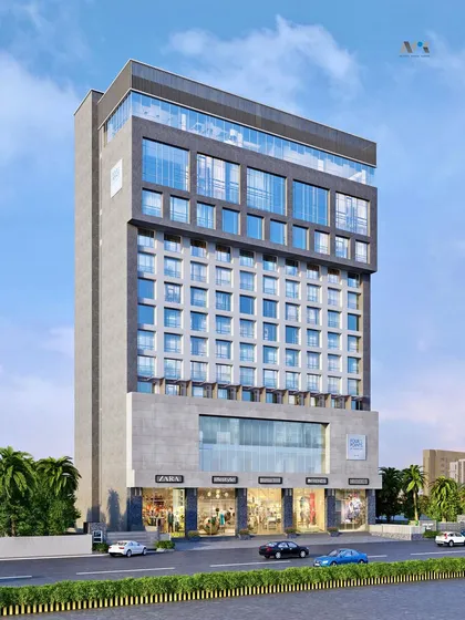 Another render of the Four Points by Sheraton in Nashik. The building's clean lines and material palette create a sophisticated and contemporary look.