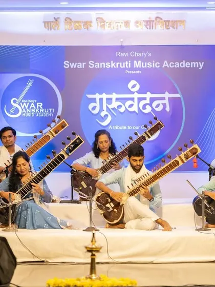 My students performing at 'Guruvandan', our annual Guru Purnima showcase. This is a real concert experience where students get to present their hard work and feel the energy of a live audience, a core part of our guru-shishya tradition.