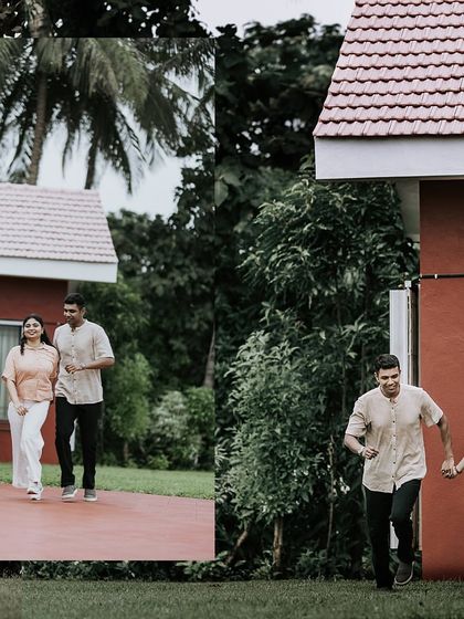 A dynamic collage showing a couple running hand-in-hand, full of life and energy during their pre-wedding shoot.