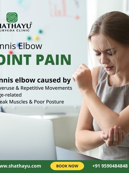 Tennis elbow is often caused by overuse and repetitive movements. I can help with Ayurvedic therapies like Abhyanga (warm oil massage) and Lepa (herbal paste) to reduce pain and inflammation.