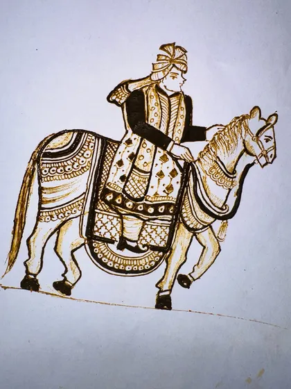 Here, we've added the intricate details and shading to the groom's outfit and the horse. This shows how filler patterns can transform a simple sketch into a work of art.