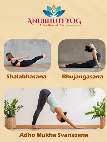 This graphic illustrates three key poses for a healthy back. We practice Shalabhasana (Locust Pose) to strengthen the back muscles, Bhujangasana (Cobra Pose) for spinal flexibility, and Adho Mukha Svanasana (Downward-Facing Dog) to lengthen the spine.