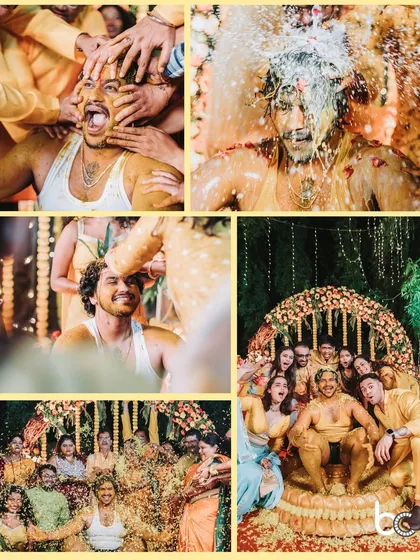 The full spectrum of a fun-filled Haldi, from being covered in turmeric paste to being drenched with water, all while surrounded by friends.