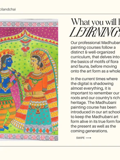 This image explains our well-organized curriculum for Madhubani painting, which starts with the basics of flora and fauna motifs before moving to the art form as a whole.