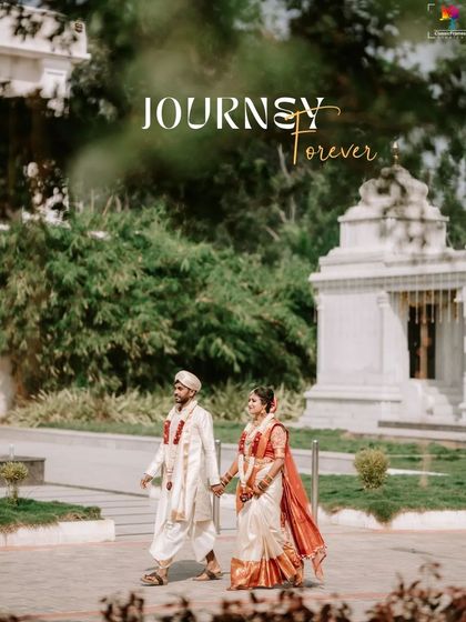 "Journey Forever." A beautiful shot of the couple walking hand-in-hand at their wedding venue, capturing the beginning of their new path together.