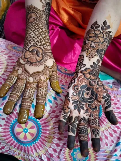 A side-by-side comparison of two different bridal designs, one more traditional and one more modern, showcasing my range as an artist.