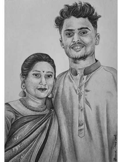 A pencil sketch of a couple based on a modern, casual photo. This A4 drawing captures a relaxed moment between two people, making it a wonderful personal keepsake.